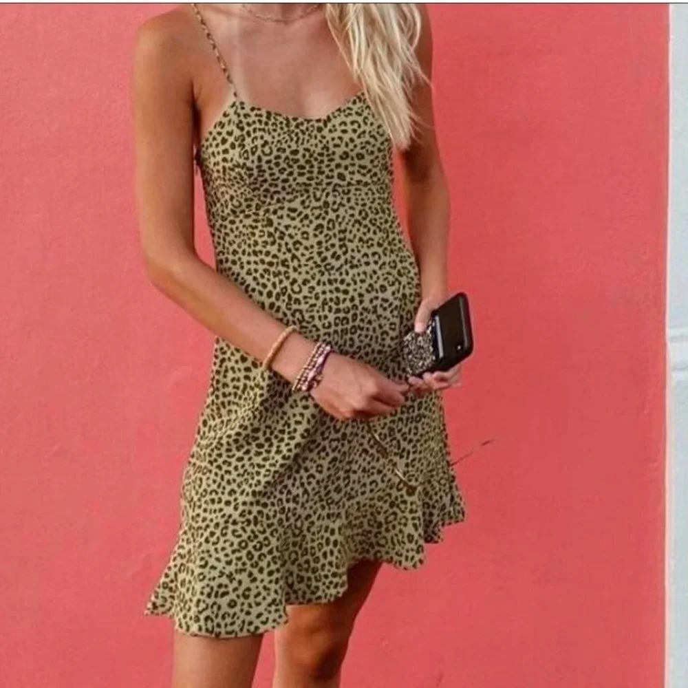 Zara Animal Print  Ruffle Hem Mini Dress Skinny Strap NWOT Green Size Small